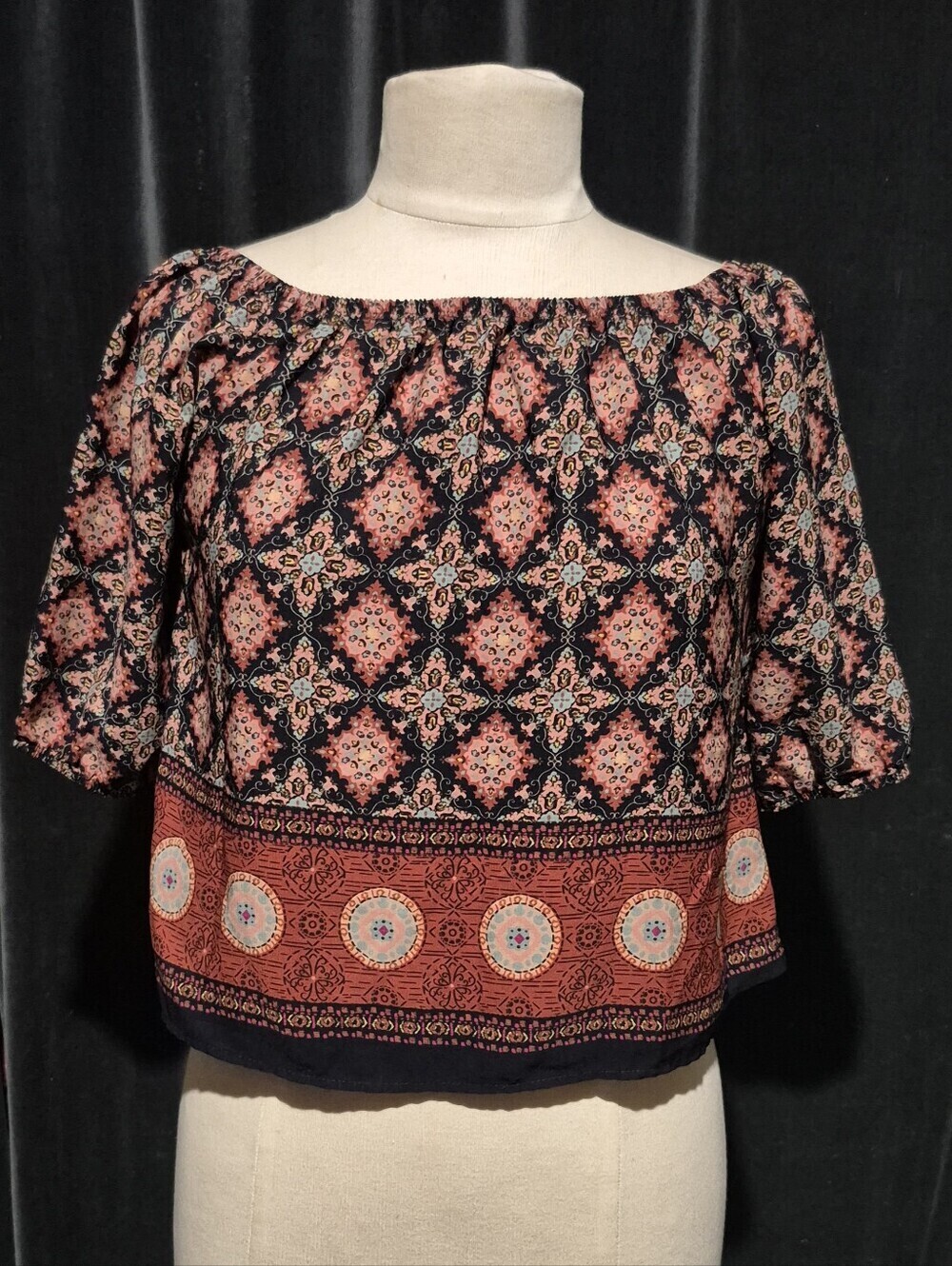 a'gaci Coral and Navy Off-Shoulder Boho Blouse(box C)